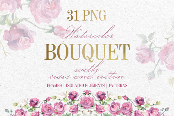 Bouquet with Roses and Cotton Watercolor PNG