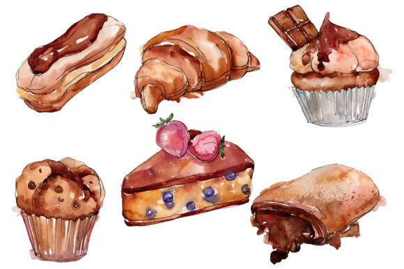 Dessert Cake with Chocolate and Croissant Watercolor